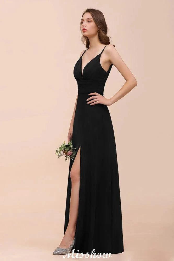 Double V-Neck Front Split Bridesmaid Dress Formal Party Dress for Wedding Black by misshow.com