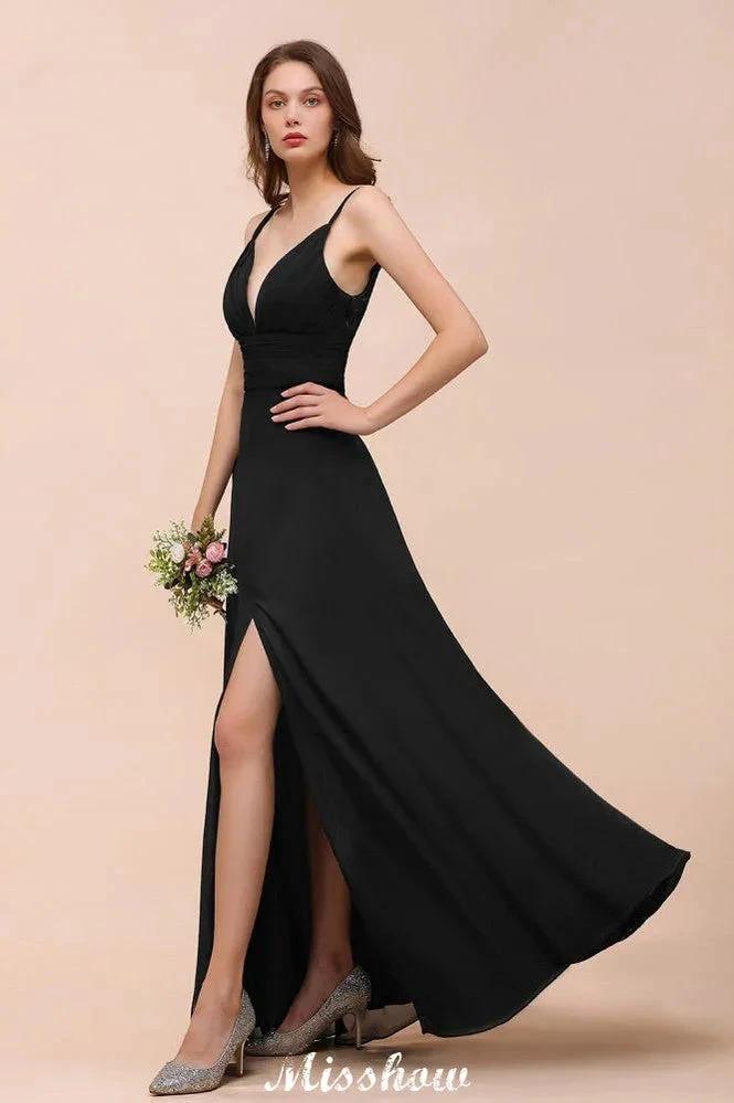 Double V-Neck Front Split Bridesmaid Dress Formal Party Dress for Wedding Black by misshow.com