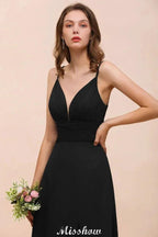 Double V-Neck Front Split Bridesmaid Dress Formal Party Dress for Wedding Black by misshow.com
