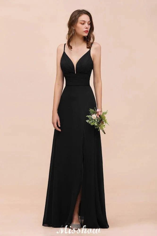 Double V-Neck Front Split Bridesmaid Dress Formal Party Dress for Wedding Black by misshow.com