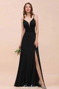Double V-Neck Front Split Bridesmaid Dress Formal Party Dress for Wedding Black by misshow.com