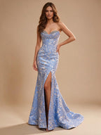 Blue Damask Crystal Corset Mermaid Prom Dress - Front View with High Slit
