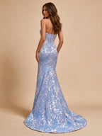 Blue Damask Crystal Corset Mermaid Prom Dress - Back View with Train
