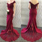 Lace Burgundy Bridesmaid Dress Off-the-Shoulder Mermaid Prom Dresses by MyChicDress