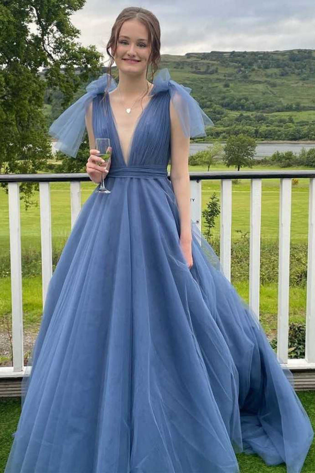 Dark Blue Plunge V Bow-Strap A-Line Long Prom Gown Hover Image
