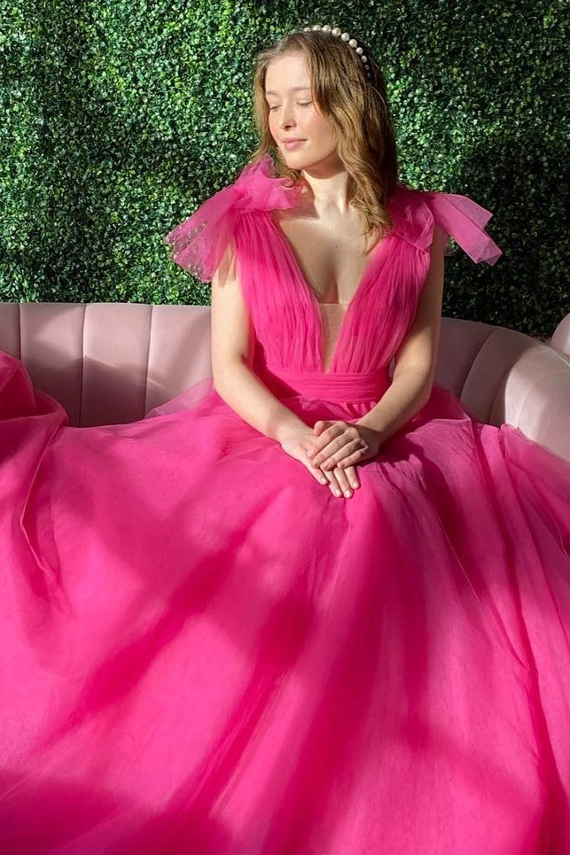 Dark Blue Plunge V Bow-Strap A-Line Long Prom Gown Main Image