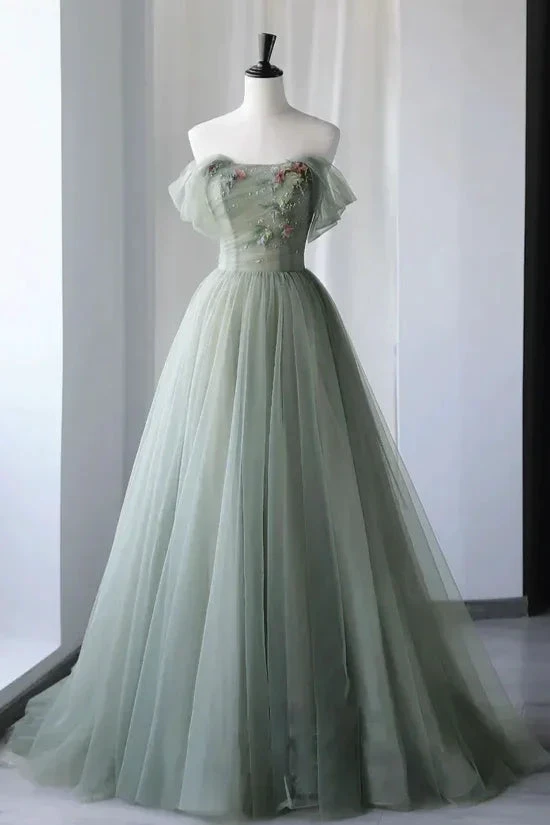 Drusilla | Princess Off the Shoulder Embroidering Tulle Sage Ball Gown by KissProm