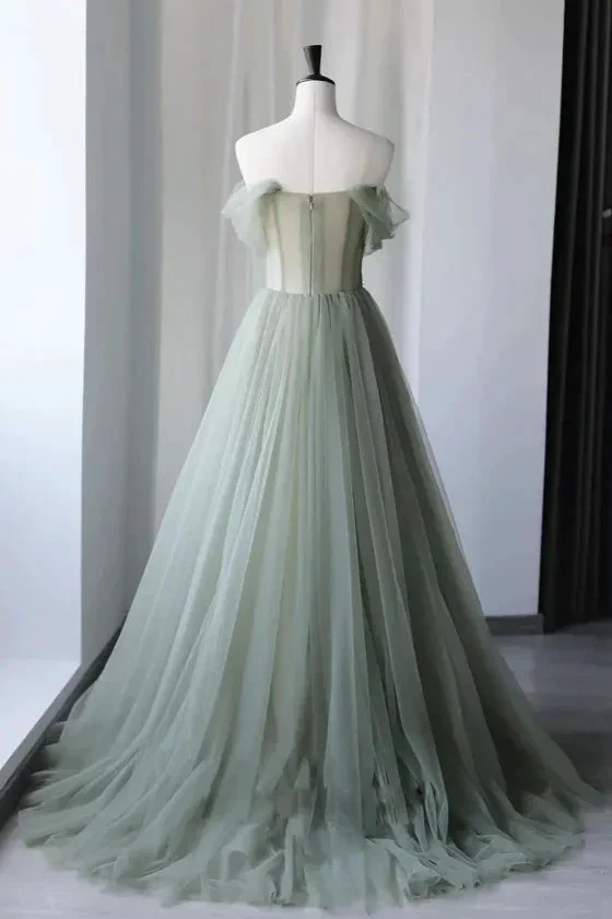 Drusilla | Princess Off the Shoulder Embroidering Tulle Sage Ball Gown by KissProm