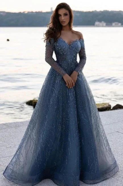 Dusty Blue Sequined A-Line Long Sleeves Sweetheart Prom Dress by misshow.com
