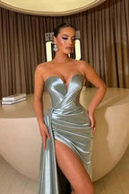 Dusty Blue Strapless Sweetheart Front Slit Satin Prom Dress with Ruffles by misshow.com
