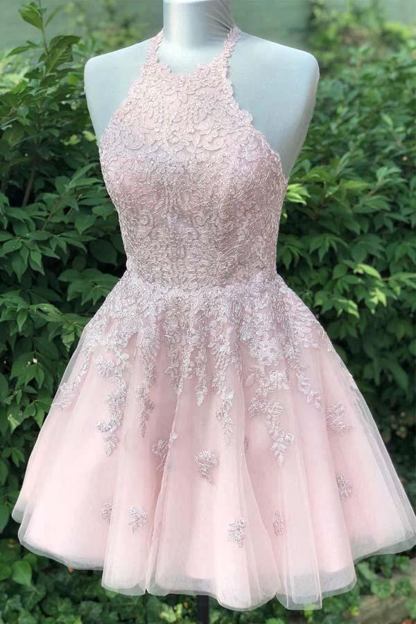 Dusty Blush Tulle Spaghetti Straps V-Neck A-Line Homecoming Dress PD359 by pgmdress