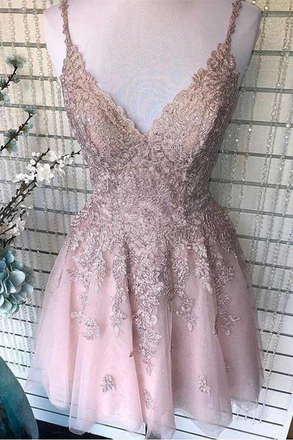 Dusty Blush Tulle Spaghetti Straps V-Neck A-Line Homecoming Dress PD359 by pgmdress