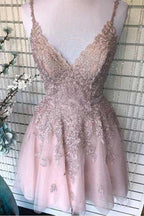 Dusty Blush Tulle Spaghetti Straps V-Neck A-Line Homecoming Dress PD359 by pgmdress