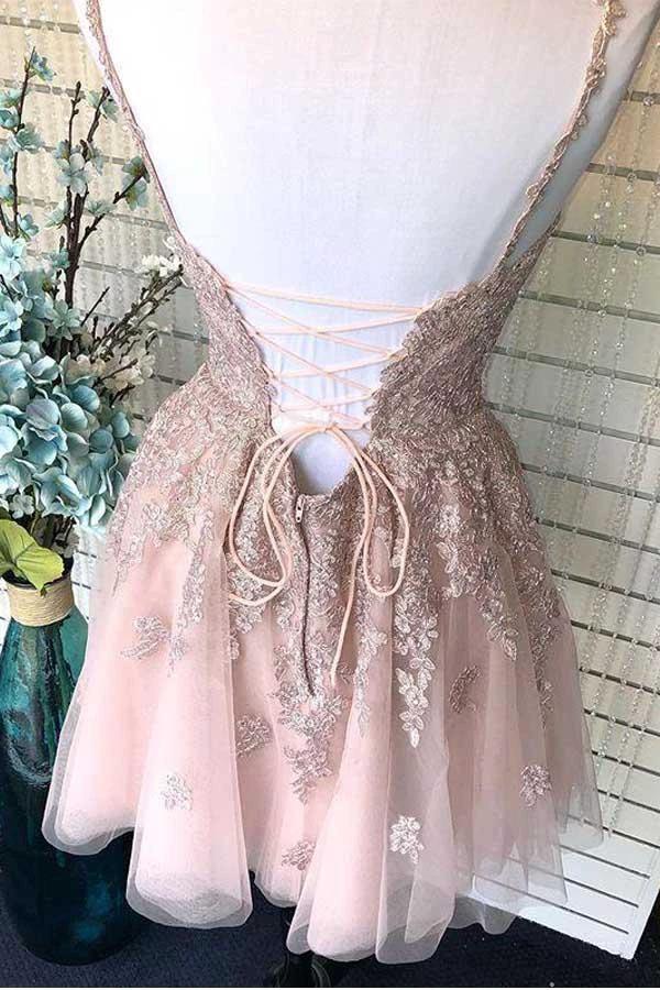 Dusty Blush Tulle Spaghetti Straps V-Neck A-Line Homecoming Dress PD359 by pgmdress