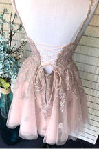 Dusty Blush Tulle Spaghetti Straps V-Neck A-Line Homecoming Dress PD359 by pgmdress