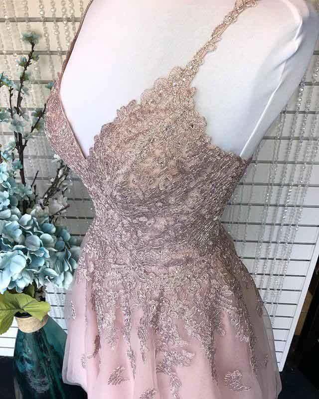 Dusty Blush Tulle Spaghetti Straps V-Neck A-Line Homecoming Dress PD359 by pgmdress
