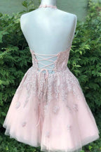 Dusty Blush Tulle Spaghetti Straps V-Neck A-Line Homecoming Dress PD359 by pgmdress