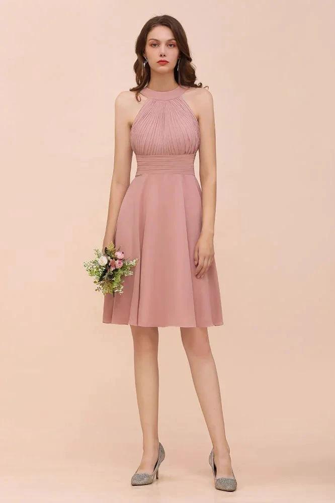 Dusty Pink Knee Length Bridesmaid Dress Halter Chiffon Maid of Honor Dress by misshow.com