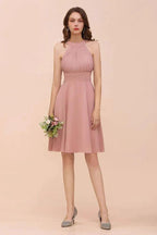 Dusty Pink Knee Length Bridesmaid Dress Halter Chiffon Maid of Honor Dress by misshow.com