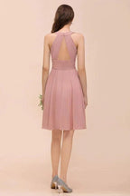 Dusty Pink Knee Length Bridesmaid Dress Halter Chiffon Maid of Honor Dress by misshow.com
