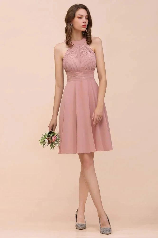Dusty Pink Knee Length Bridesmaid Dress Halter Chiffon Maid of Honor Dress by misshow.com