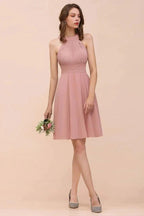 Dusty Pink Knee Length Bridesmaid Dress Halter Chiffon Maid of Honor Dress by misshow.com