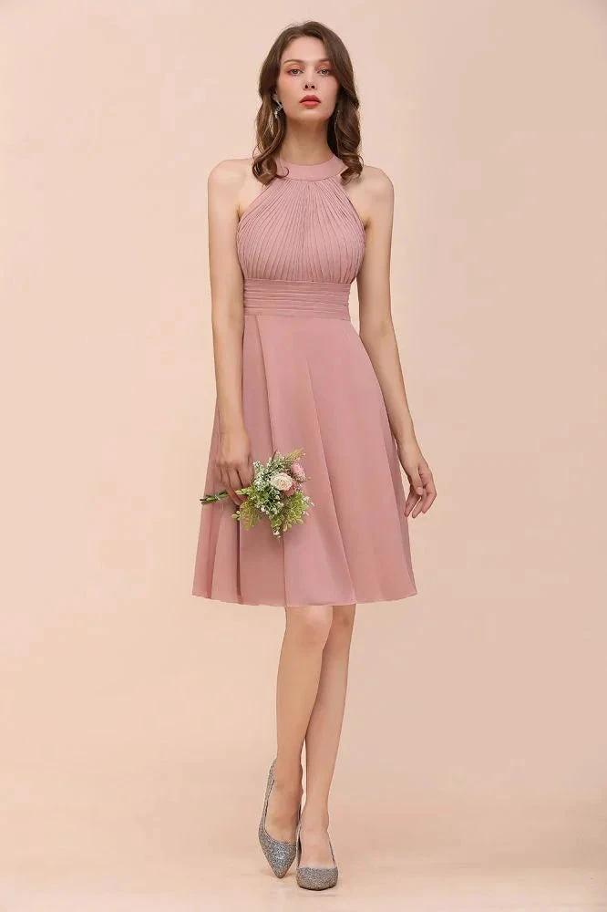 Dusty Pink Knee Length Bridesmaid Dress Halter Chiffon Maid of Honor Dress by misshow.com