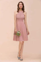 Dusty Pink Knee Length Bridesmaid Dress Halter Chiffon Maid of Honor Dress by misshow.com