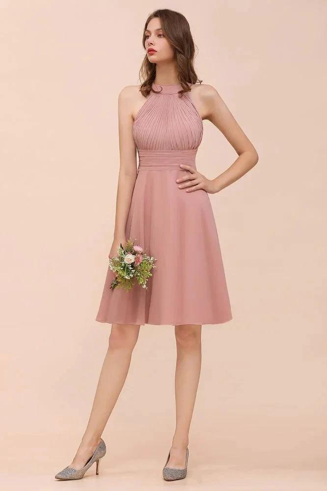 Dusty Pink Knee Length Bridesmaid Dress Halter Chiffon Maid of Honor Dress by misshow.com