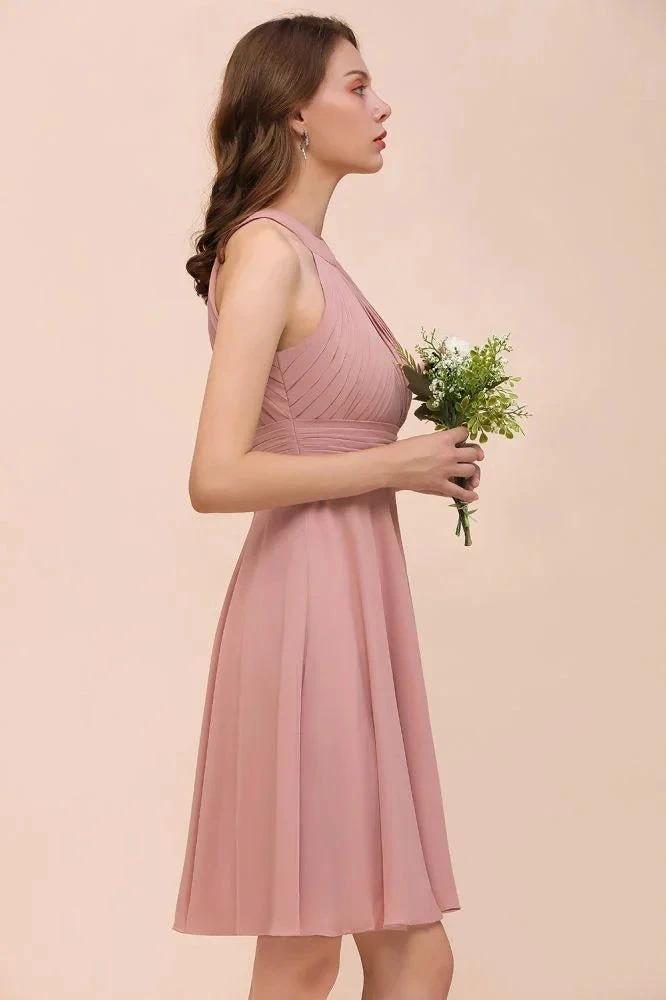 Dusty Pink Knee Length Bridesmaid Dress Halter Chiffon Maid of Honor Dress by misshow.com