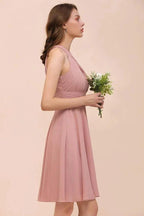 Dusty Pink Knee Length Bridesmaid Dress Halter Chiffon Maid of Honor Dress by misshow.com