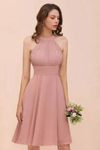 Dusty Pink Knee Length Bridesmaid Dress Halter Chiffon Maid of Honor Dress by misshow.com