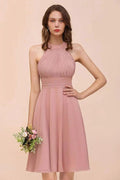 Dusty Pink Knee Length Bridesmaid Dress Halter Chiffon Maid of Honor Dress by misshow.com