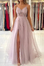 Dusty Pink Long A-line V-neck Tulle Glitter Prom Dress with Slit by BIZTUNNEL