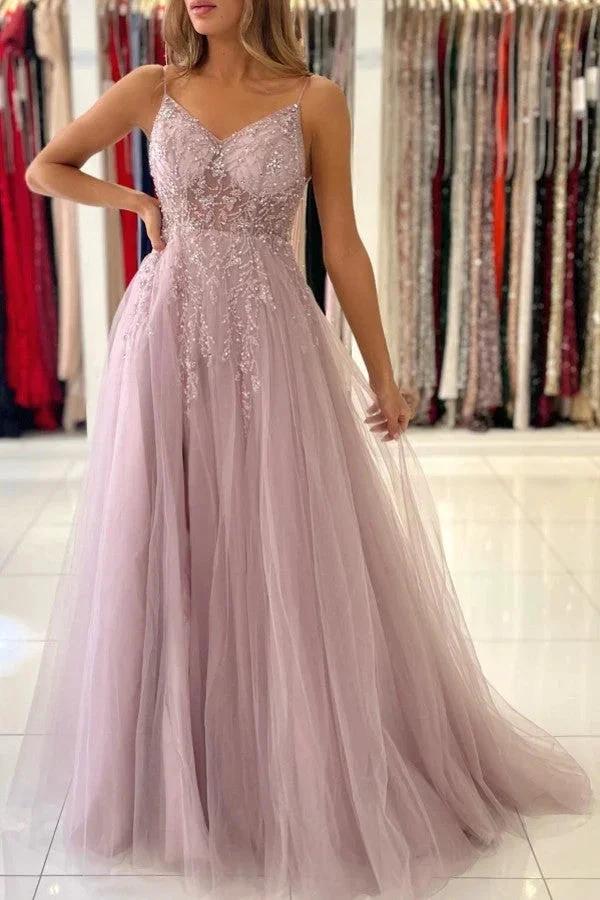 Dusty Pink Long A-line V-neck Tulle Glitter Prom Dress with Slit by BIZTUNNEL