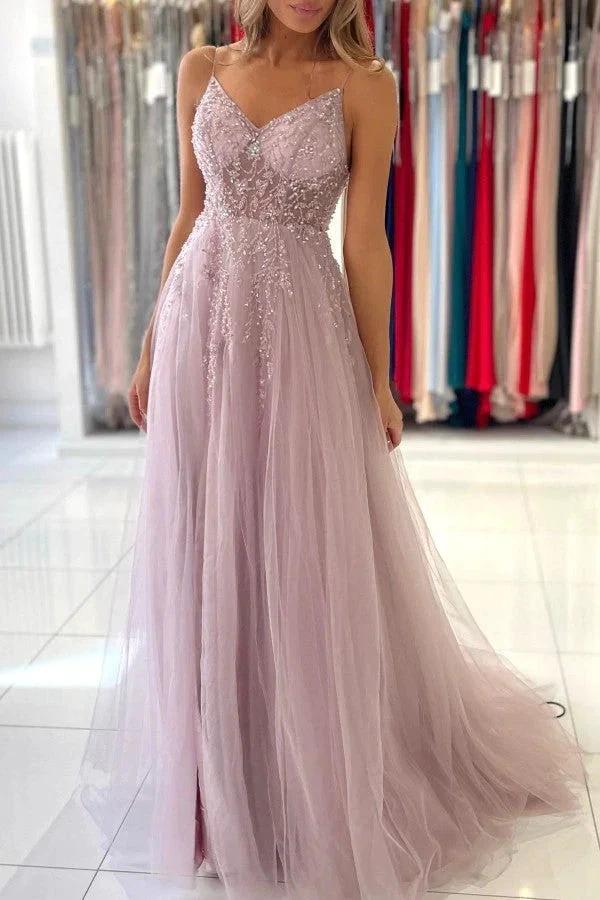 Dusty Pink Long A-line V-neck Tulle Glitter Prom Dress with Slit by BIZTUNNEL
