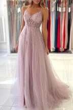 Dusty Pink Long A-line V-neck Tulle Glitter Prom Dress with Slit by BIZTUNNEL
