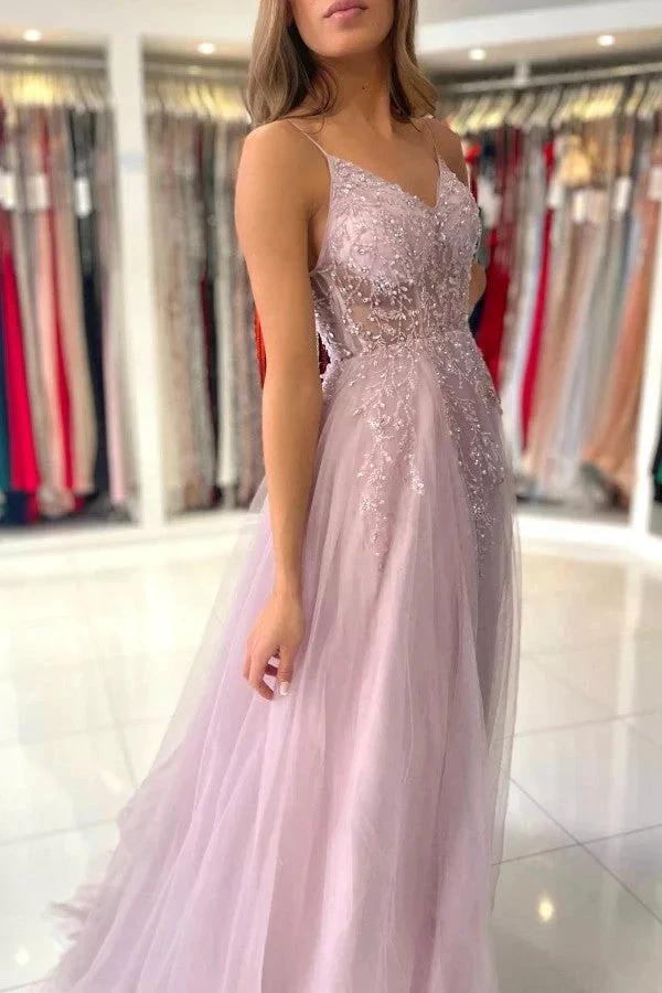 Dusty Pink Long A-line V-neck Tulle Glitter Prom Dress with Slit by BIZTUNNEL