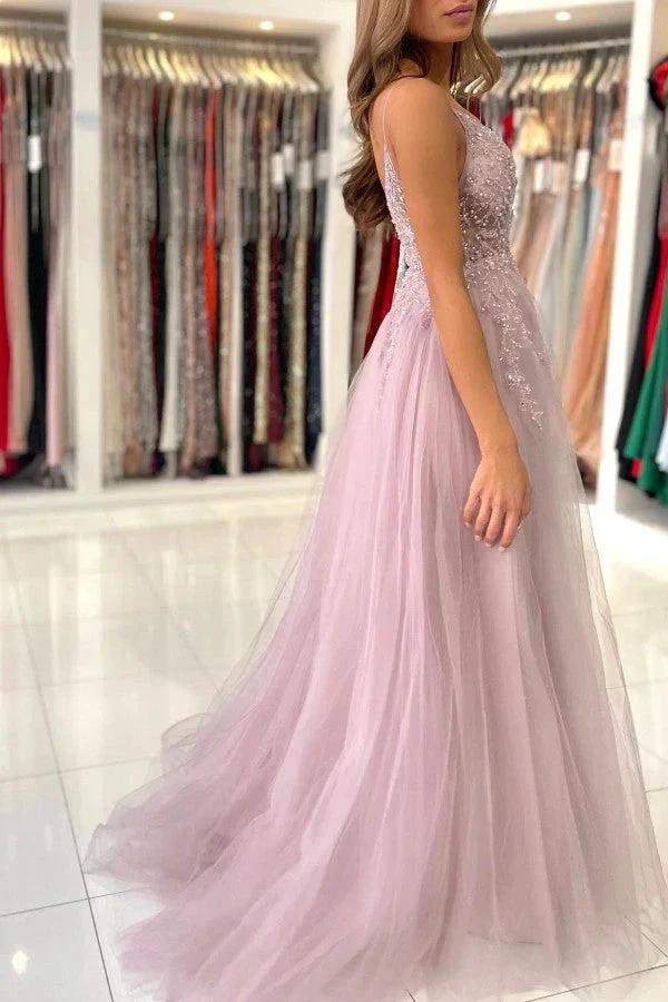 Dusty Pink Long A-line V-neck Tulle Glitter Prom Dress with Slit by BIZTUNNEL