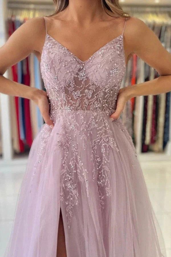 Dusty Pink Long A-line V-neck Tulle Glitter Prom Dress with Slit by BIZTUNNEL