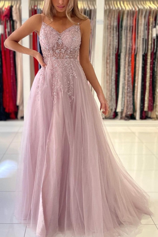 Dusty Pink Long A-line V-neck Tulle Glitter Prom Dress with Slit Hover Image