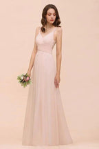 Dusty Pink Sleeveless A-line Wedding Guest Dress Beach Bridesmaid Dress by misshow.com