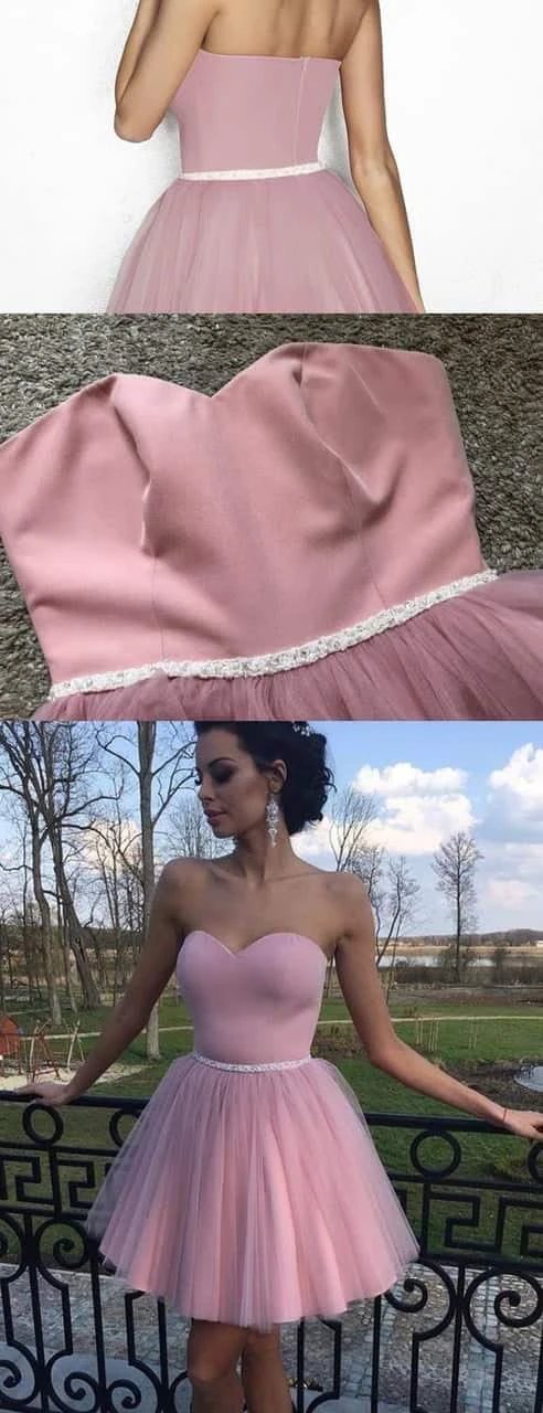Dusty Pink Tulle Sweetheart Strapless With Beaded Sash Homecoming Dresses PD341 by pgmdress