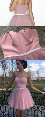 Dusty Pink Tulle Sweetheart Strapless With Beaded Sash Homecoming Dresses PD341 by pgmdress