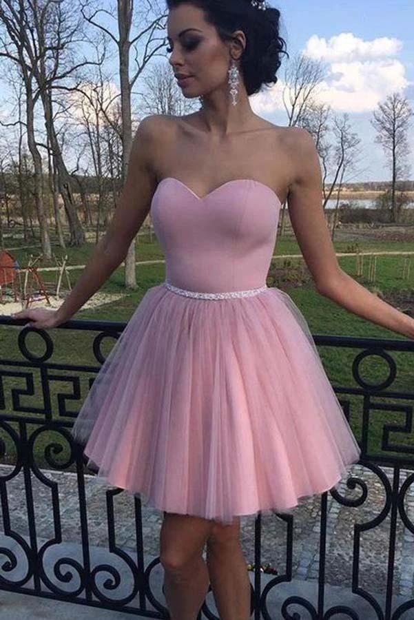 Dusty Pink Tulle Sweetheart Strapless With Beaded Sash Homecoming Dresses PD341 by pgmdress