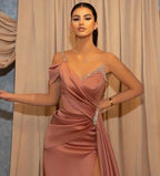 Dusty Rose One Shoulder Long Glitter Slit Mermaid Prom Dresses by misshow.com