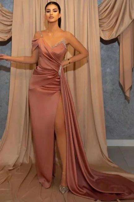 Dusty Rose One Shoulder Long Glitter Slit Mermaid Prom Dresses by misshow.com