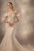 Luxurious Mermaid High Neck Illusion Lace Wedding Dress with Beaded Embroidery & Tulle Cape by ZAPDRESS