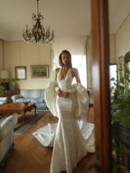 Elegant Ivory Halter Neck Puff Sleeve Mermaid Wedding Dress with Train SW188