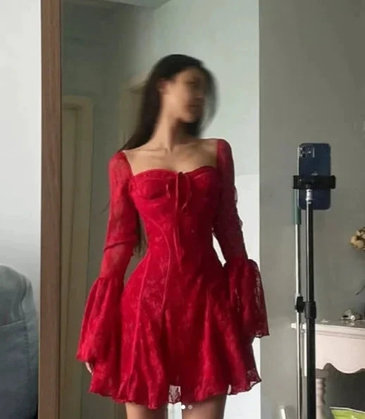 Sexy Red Lace Trumpet Sleeves Homecoming Dress Party Dress Y7655 by simplepromdress